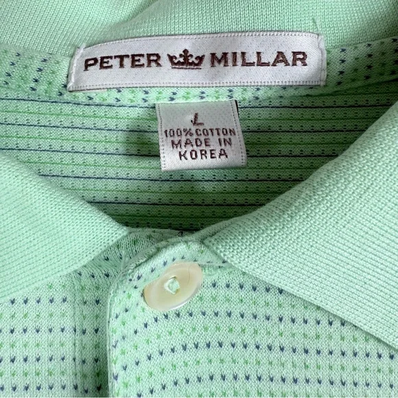 Men’s Peter Millar Golf Polo L Cotton Mint Green Striped Sea Island Logo - Picture 4 of 9